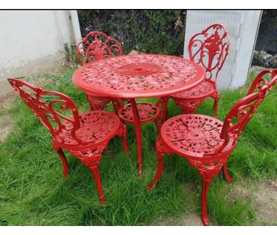 Kırmızı Renk Güllü Alüminyum Masa Takımı - 4 Kolsuz Sandalye - 90 lık Güllü Masa - MS36 K